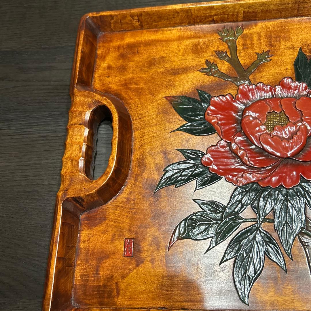 香川漆器　天然木　長手盆　牡丹　落款入　年末年始に！！