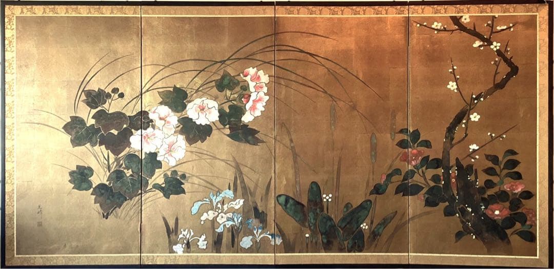 四つ折り屏風　日本画　金箔彩色　『牡丹に梅』