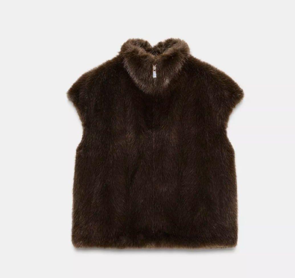 ザラ　新作　新品未使用ダークブラウン ファーベスト ハイネック　ファージャケット