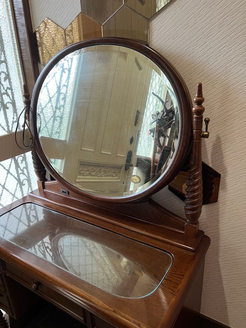 ★希少品！！ 木製ブラウンドレッサー・鏡台 アンティーク美品　最高級銅引ミラー