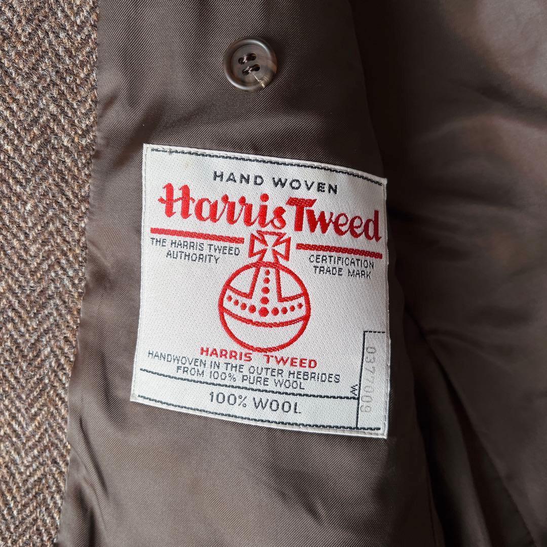 【美品】ハリスツイード テーラードジャケット 茶系ヘリンボーン ウール100％