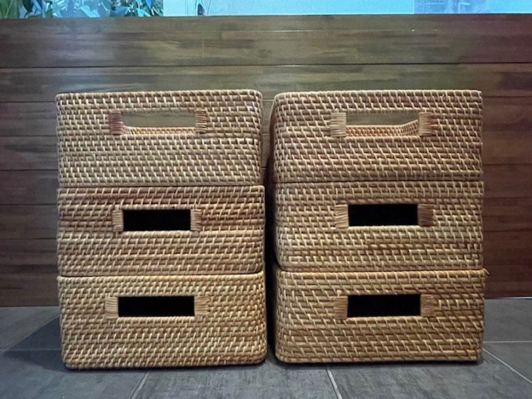 超美品■MUJI/無印良品 重なるラタン角型バスケット/中　6個セット籐かご/籠