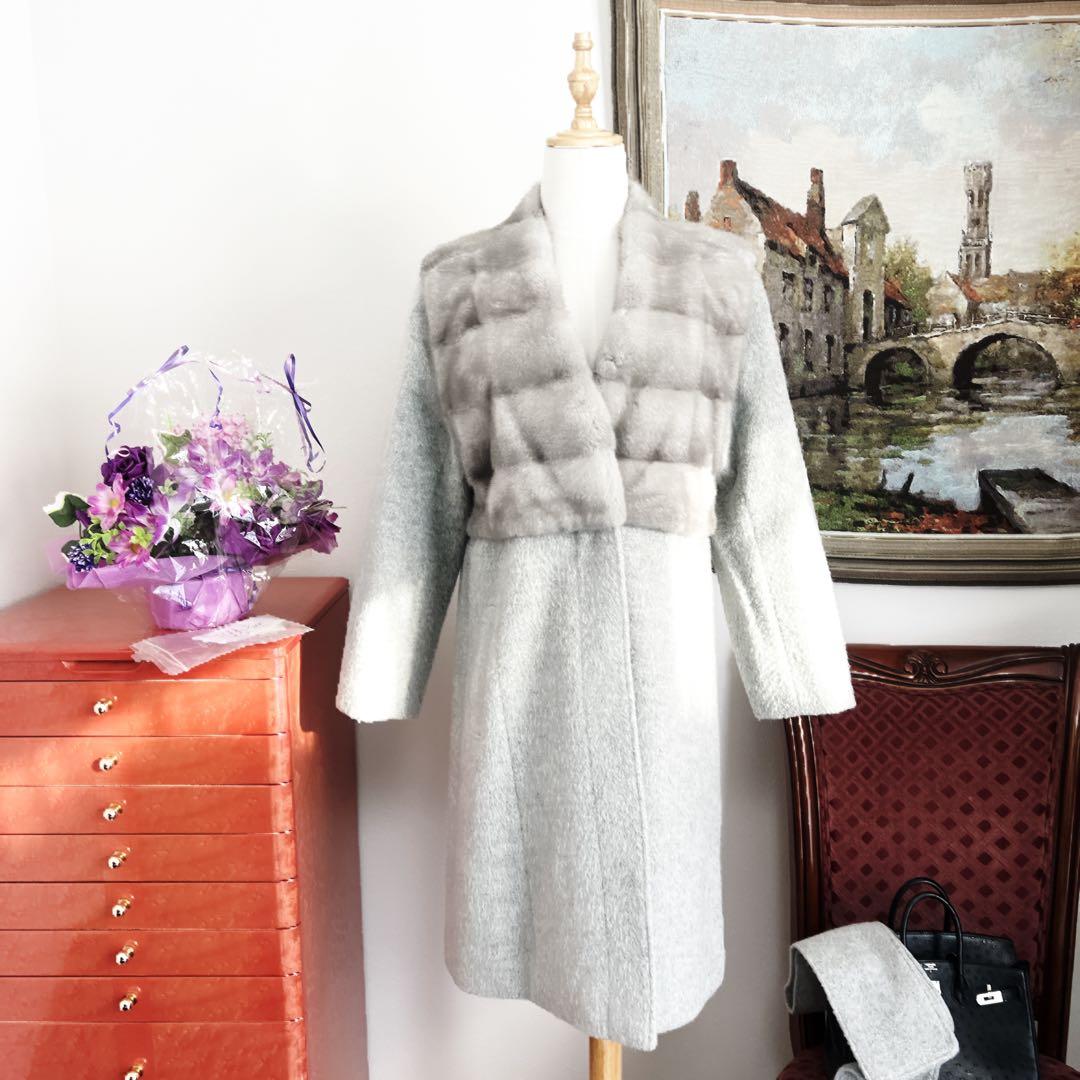 新品　サファイヤミンクファー付き アルパカウールコート グレー 日本製 66万円