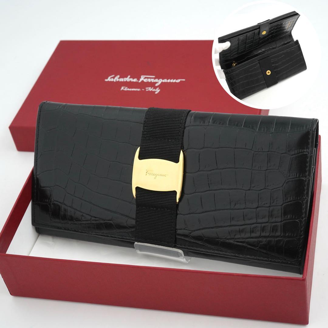 ✨新品未使用・箱付き✨　Ferragamo 長財布　ヴァラリボン　クロコ　黒色