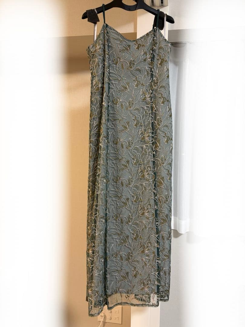 【参列ドレス】刺繍レースレイヤードドレス S /グリーン