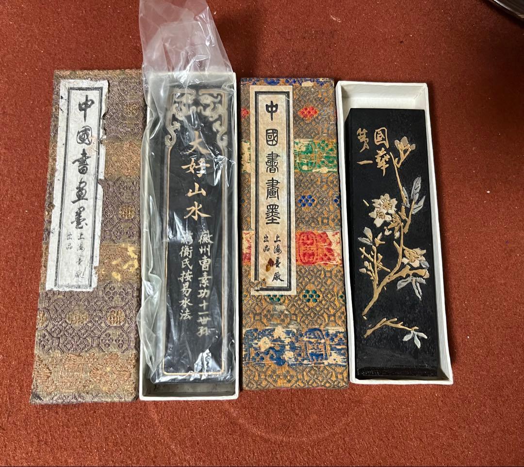 中国墨 大好山水 上海墨廠出品　鉄斎翁書画宝墨 油煙101 古墨 2本