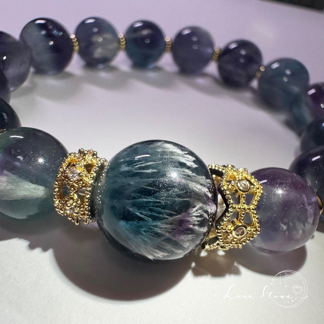 【ブルーフェザーインフローライト】透明感あふれる青の羽模様 天然石 ブレスレット