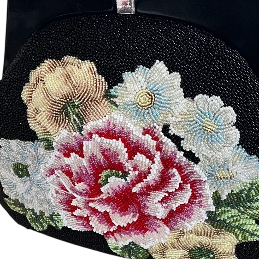 昭和レトロ　ヴィンテージ総ビーズバッグ　 花柄ハンドバッグ 黒がま口