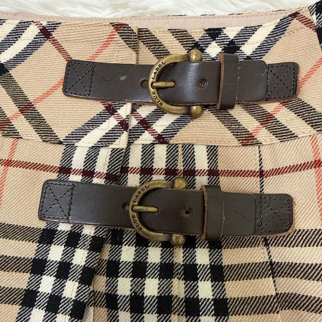 バーバリーブルーレーベル プリーツ　巻きスカート ノバチェック 革ベルト　36