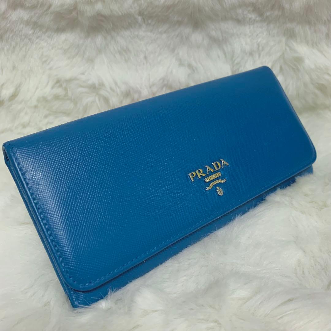 美品！PRADA サフィアーノ　メタルロゴ　ブルー系　レディース　長財布