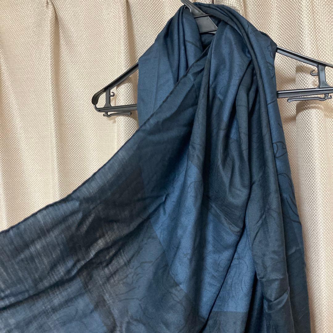 HERMÈS エルメス　ダークブルー シルク大判ストール　馬柄 197×96cm