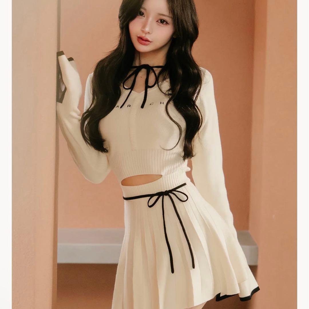 darich ウエストオープンリボンデザインニットミニワンピース