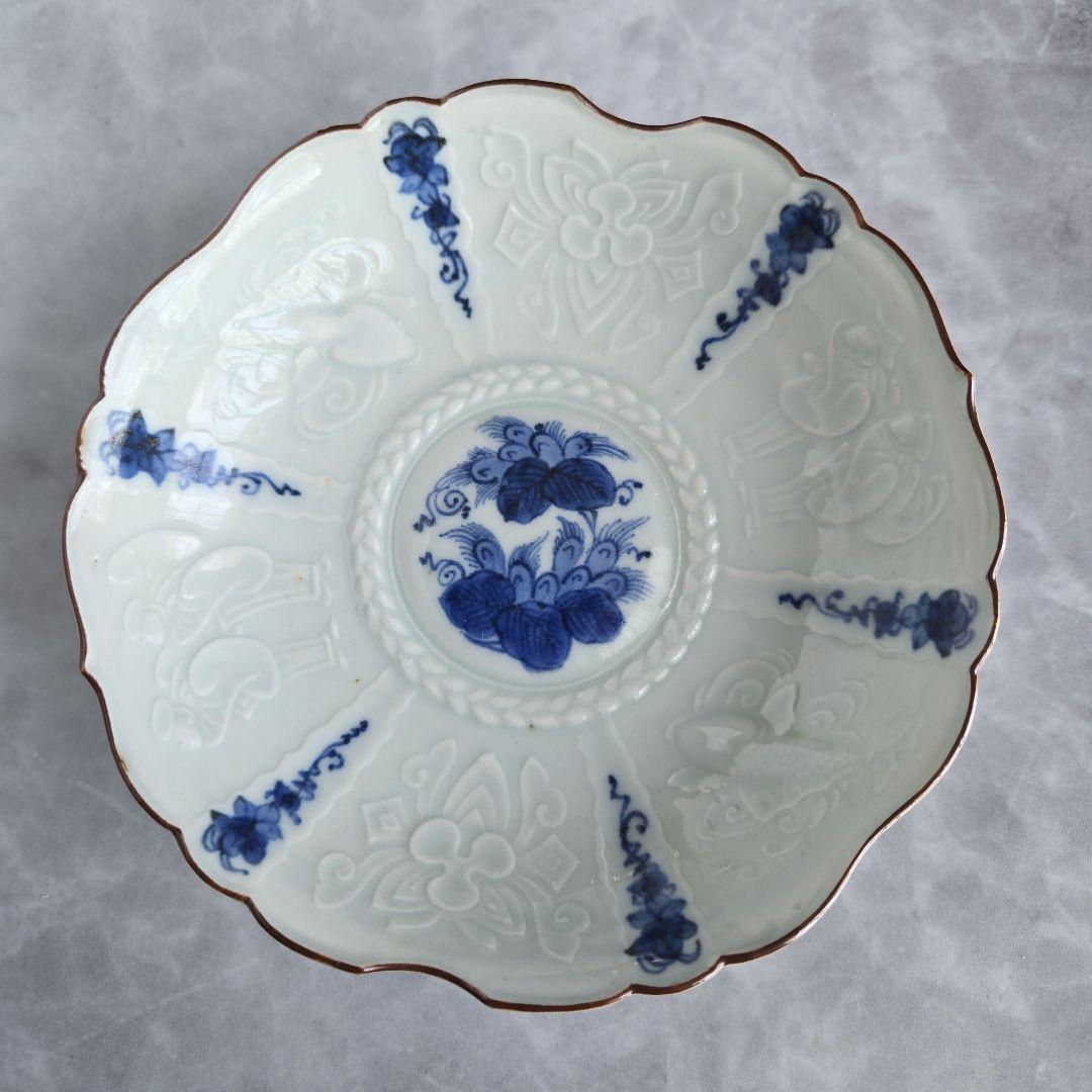 古伊万里　染付　陽刻　深皿　膾皿　唐人　韃靼人　江戸　アンティーク　金継ぎ　金直