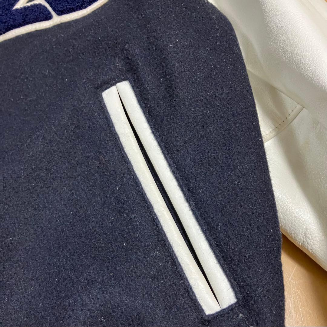 スタジャン ネイビー/ホワイト レザー袖