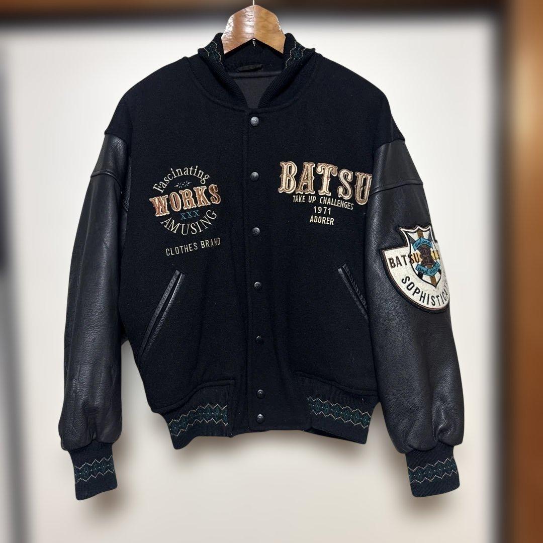 80's 90's BATSU スタジャン　袖レザー　刺繍ワッペン　ジップアップ