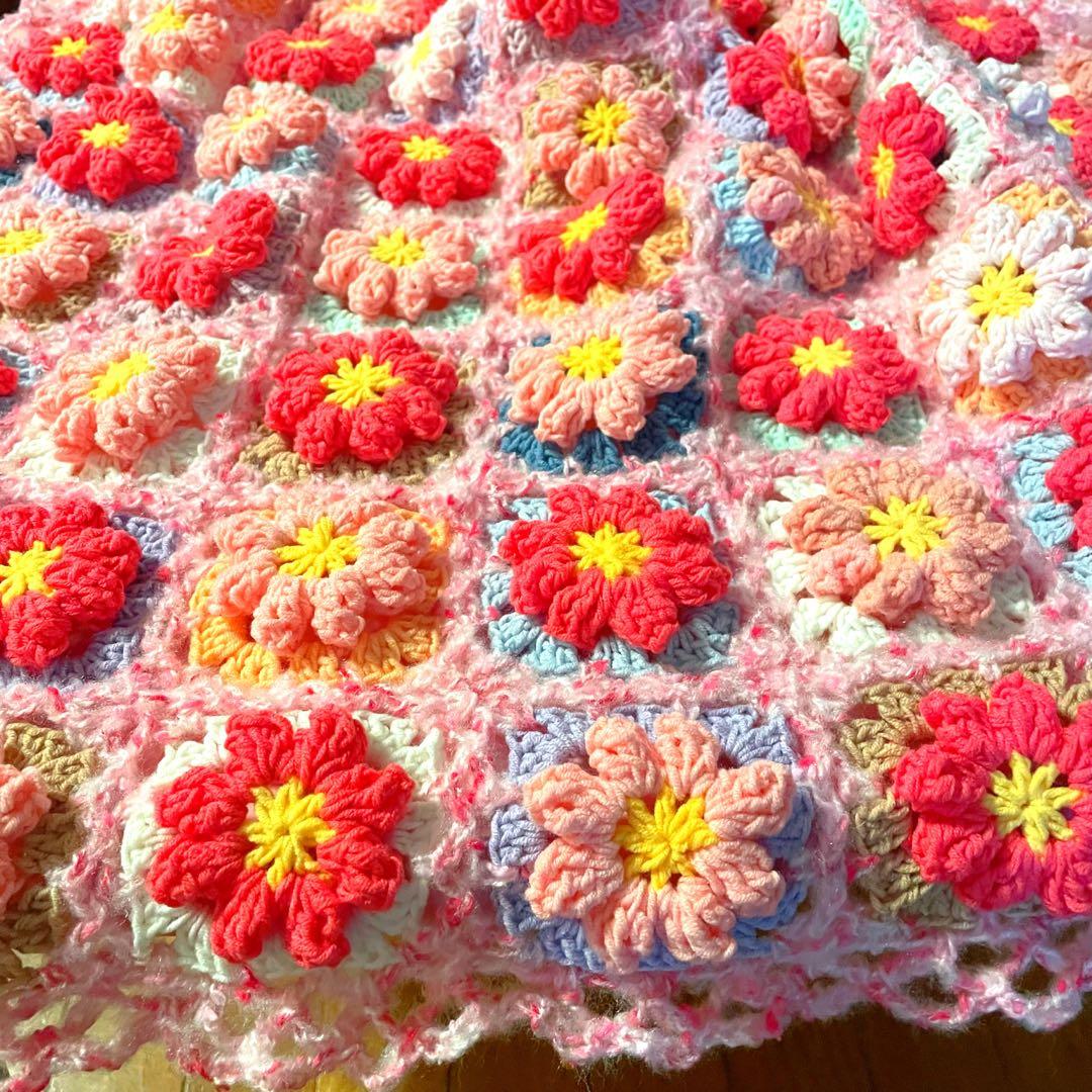 最終❗️ふわふわ♡お花のモチーフ編み♡マルチカバー♡ブランケット