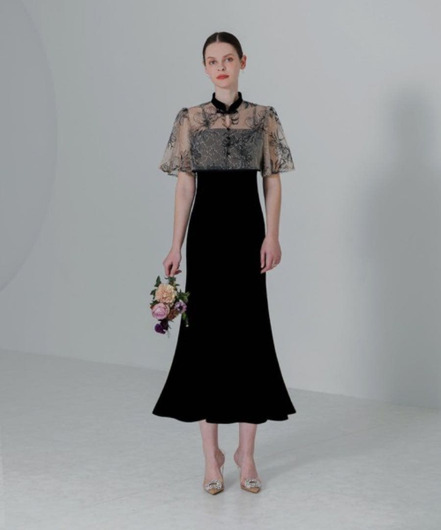 LEJA 配色パイピング花柄刺繍ボレロ付きベロアマーメイドキャミワンピースドレス