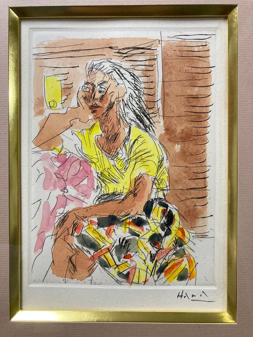 銅版画に手彩色【巨匠　原精一 】 女性像 「美術年鑑」掲載作家 布タトウ箱•黄袋