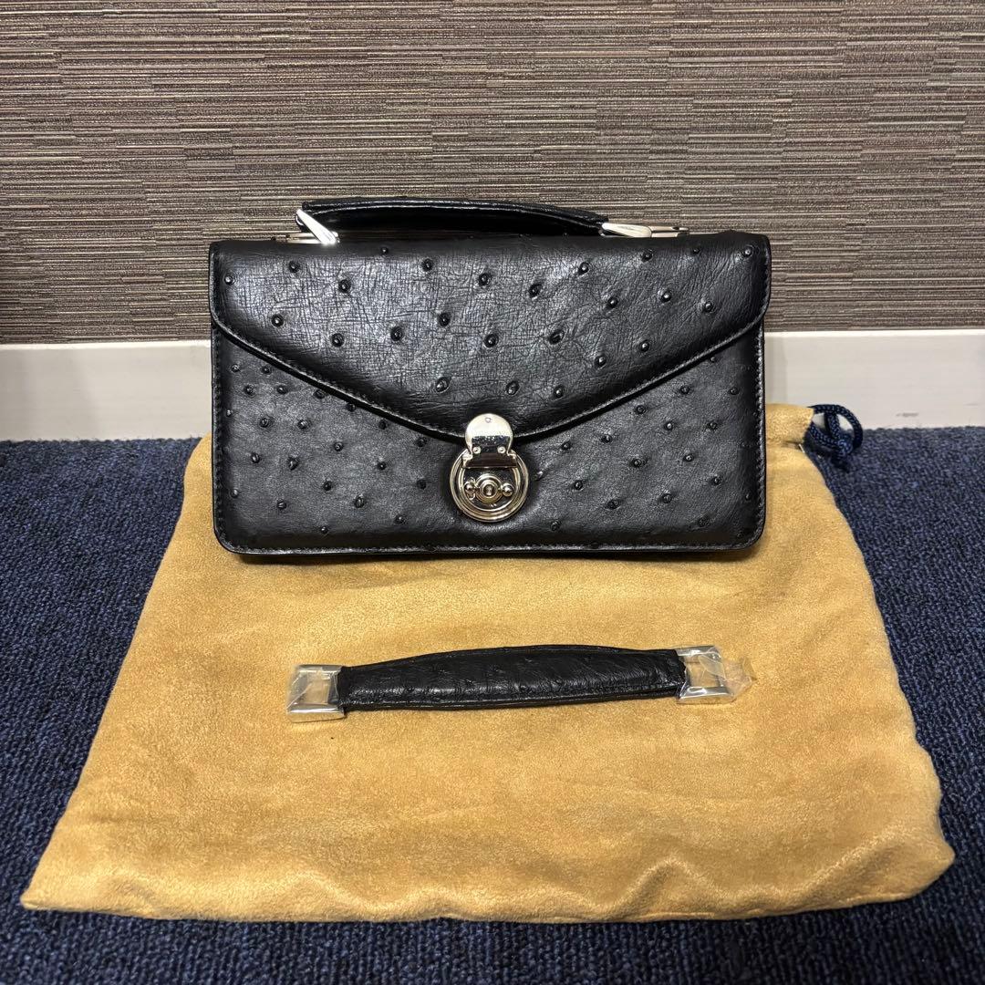 オーストリッチ セカンドバッグ ハンドバッグ ブラック シルバー金具