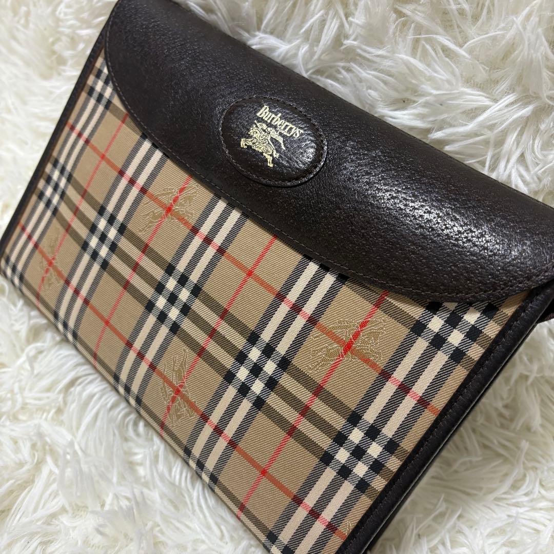 【極美品】バーバリー ノバチェック ホースロゴ キャンバス レザー クラッチ