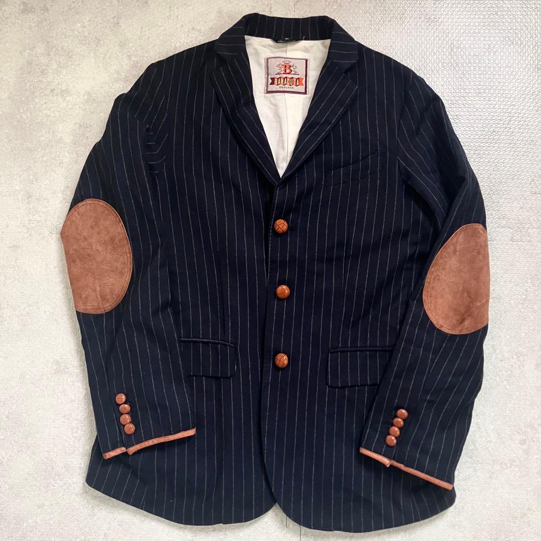 バラクータ　テーラードジャケット　エルボーパッチ　レザー　ストライプ　ネイビー