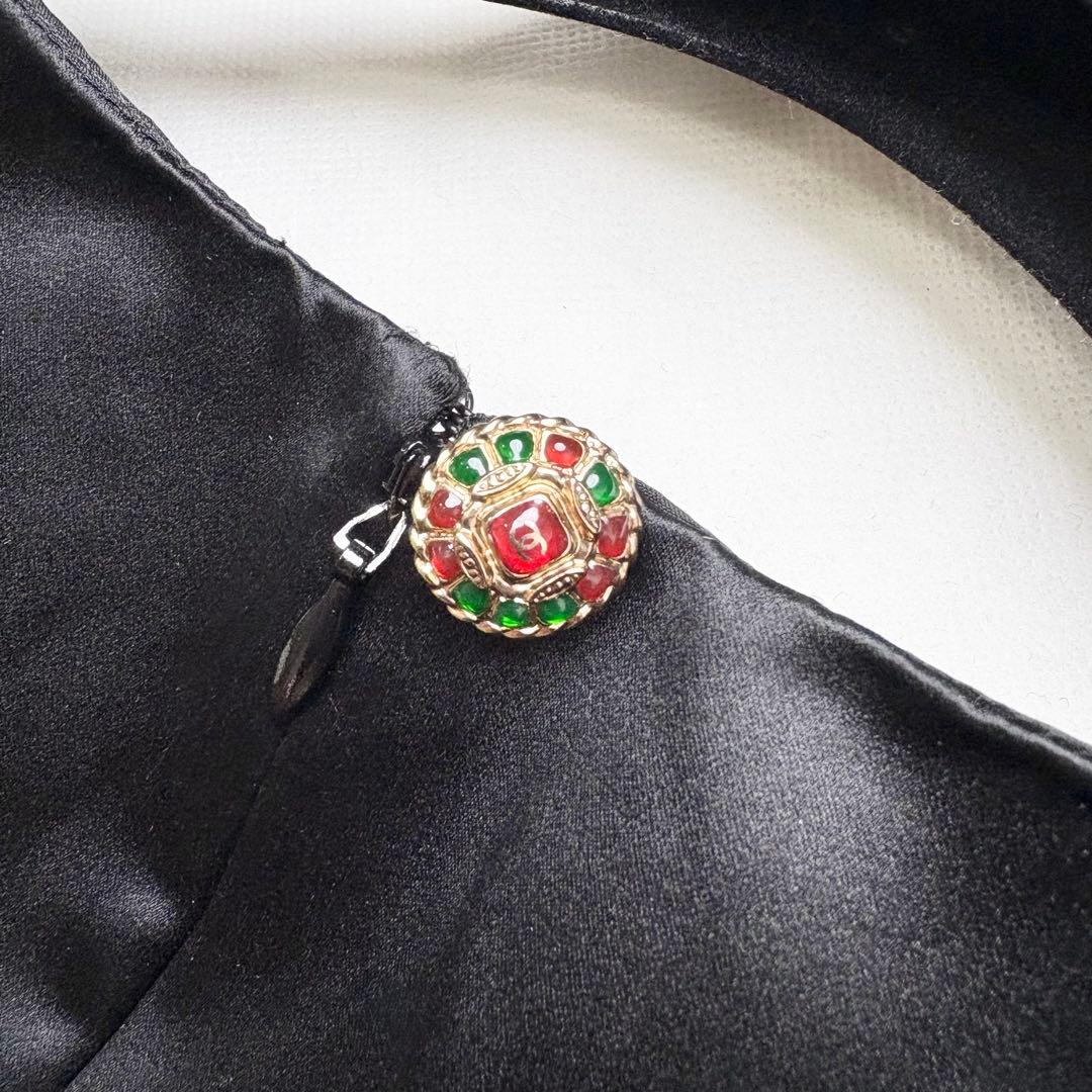 CHANEL シルクワンピース ノースリーブ グリポアボタン ココマーク 42