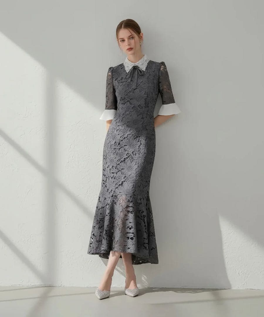 Leja パールカラーボウタイフラワーレースフィッシュテールワンピース