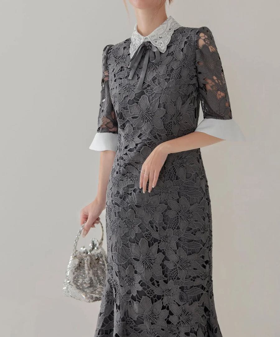 Leja パールカラーボウタイフラワーレースフィッシュテールワンピース