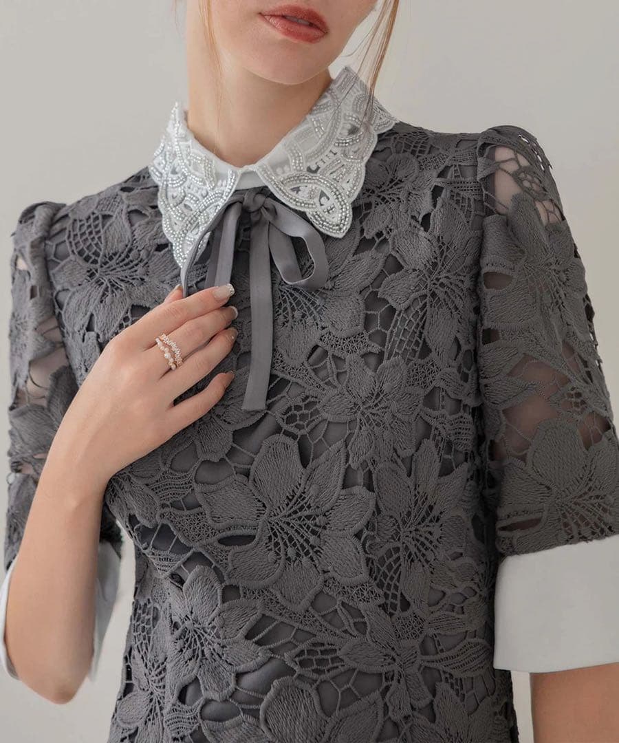 Leja パールカラーボウタイフラワーレースフィッシュテールワンピース