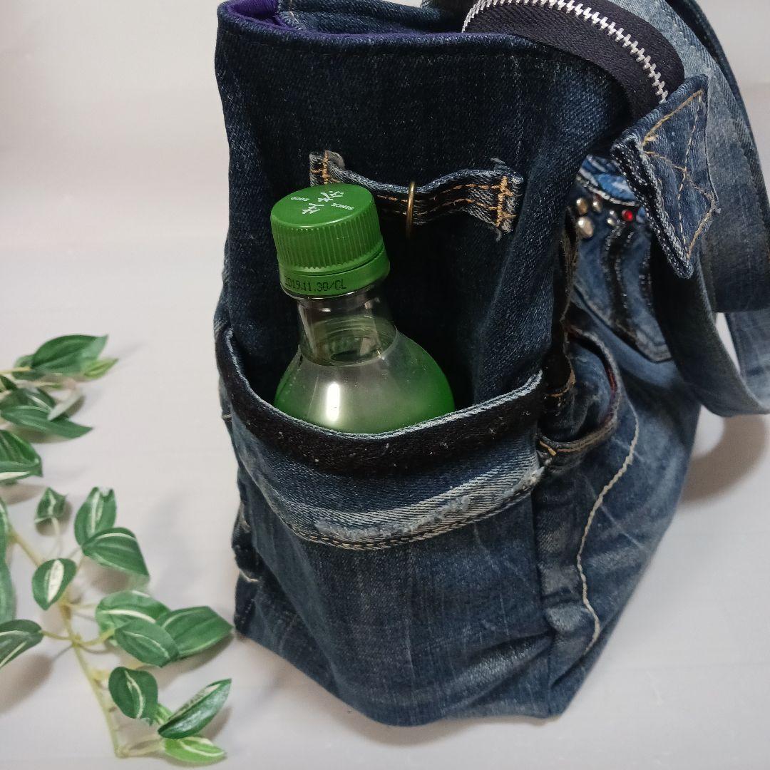 おにっち⑧　リメイクデニム　青い蝶々　特大トートバッグ　Lサイズ