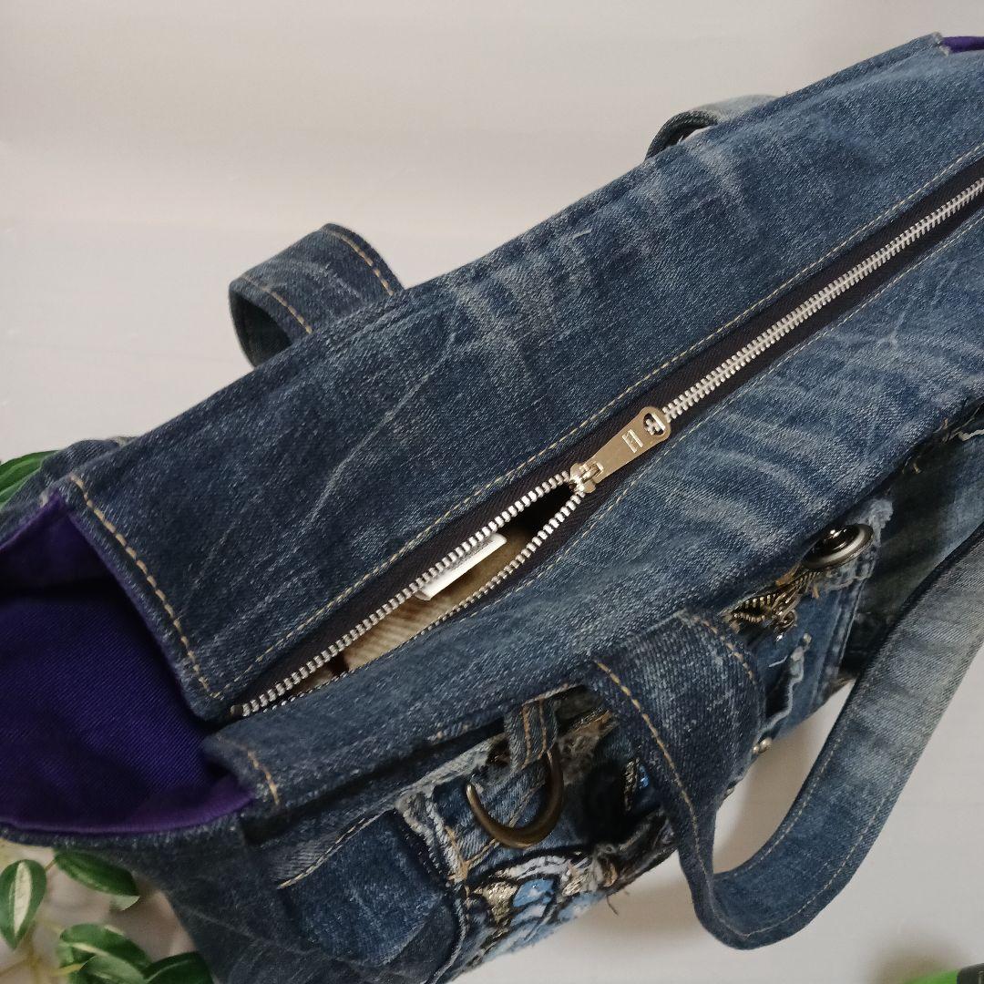 おにっち⑧　リメイクデニム　青い蝶々　特大トートバッグ　Lサイズ