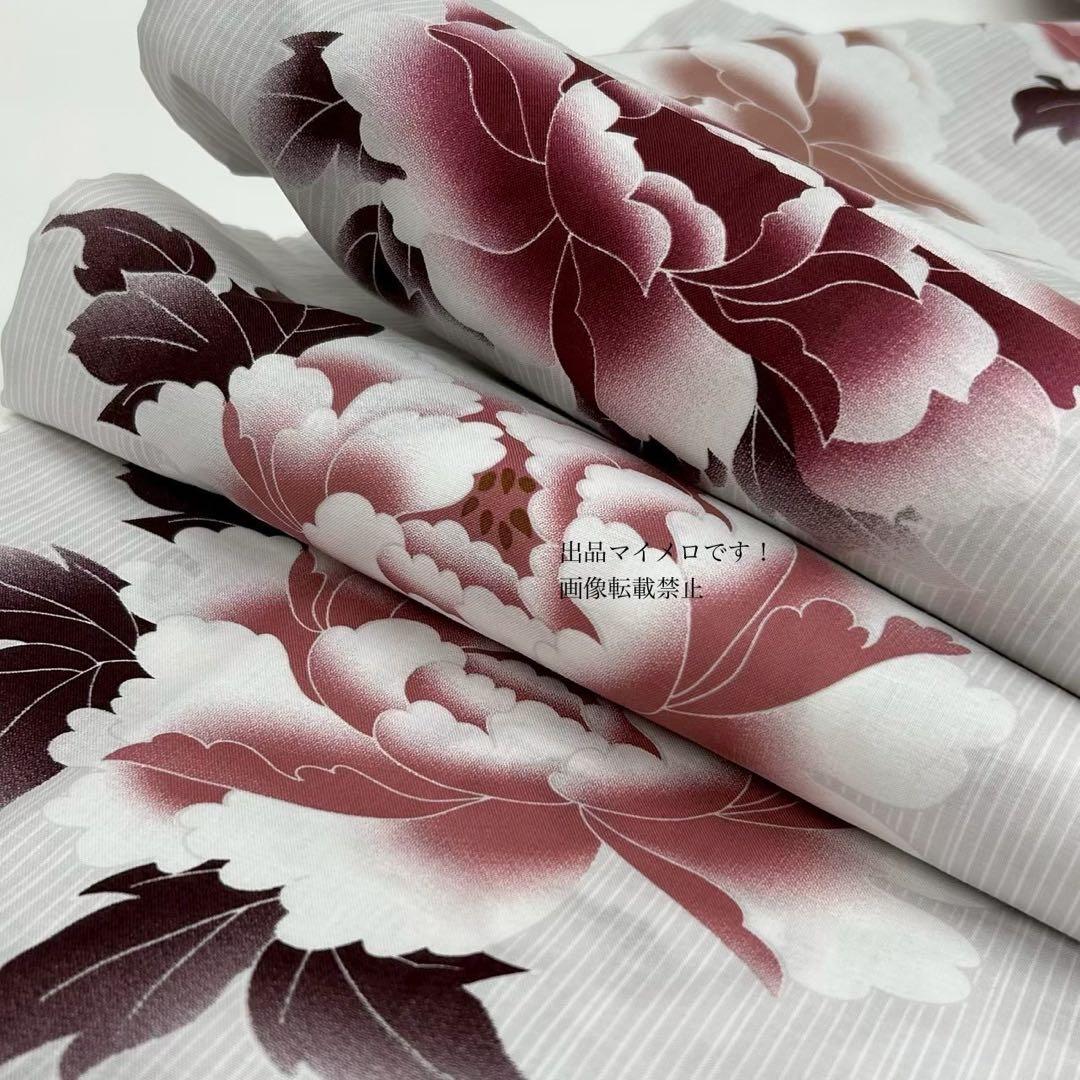 浴衣　大きめサイズ　浴衣 3L 牡丹　兵児帯　ボルドー　2点　新品　0713⑪