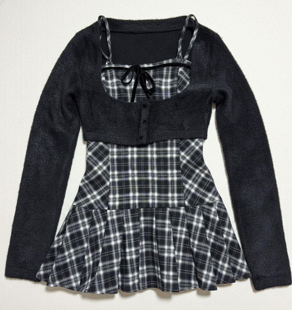 BunnyLis ファーボレロ×チェックミニワンピ ブラック