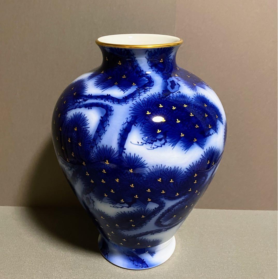 香蘭社 染錦模様 老松紋 花瓶 瑠璃色 金彩