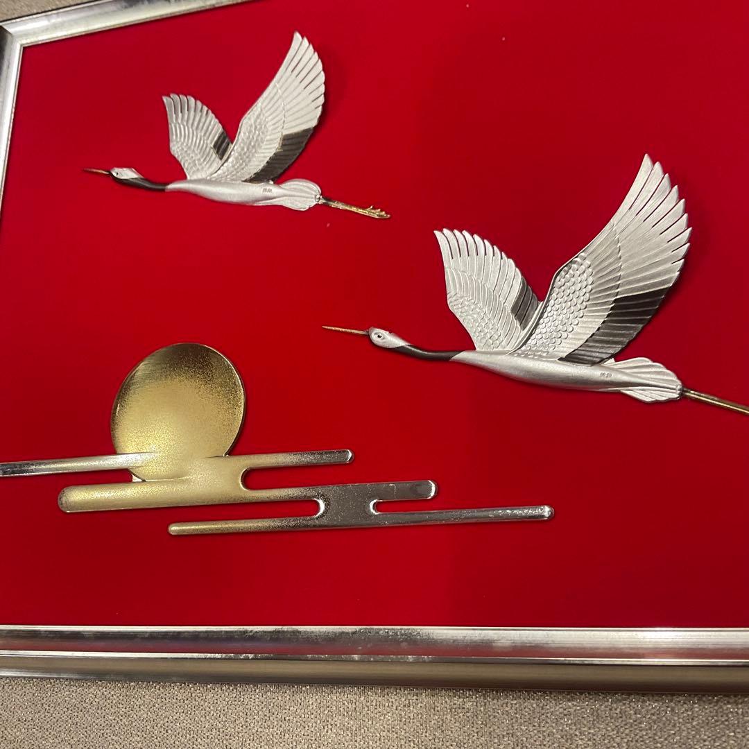 関武比古 作 純銀製 シルバー999 鶴 日の出 レリーフ 額入り銀細工