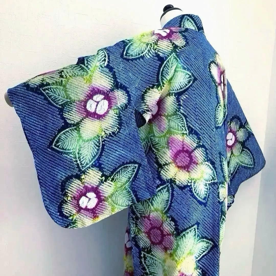 有松鳴海絞り　浴衣　絞り浴衣　手縫い　上質　大輪花模様　有松絞り　No.2-11