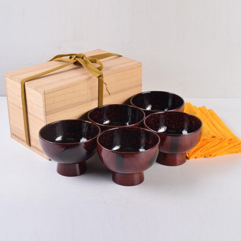 和食器　関谷二男作　漆塗　高台汁椀　五客　共箱　C　8494