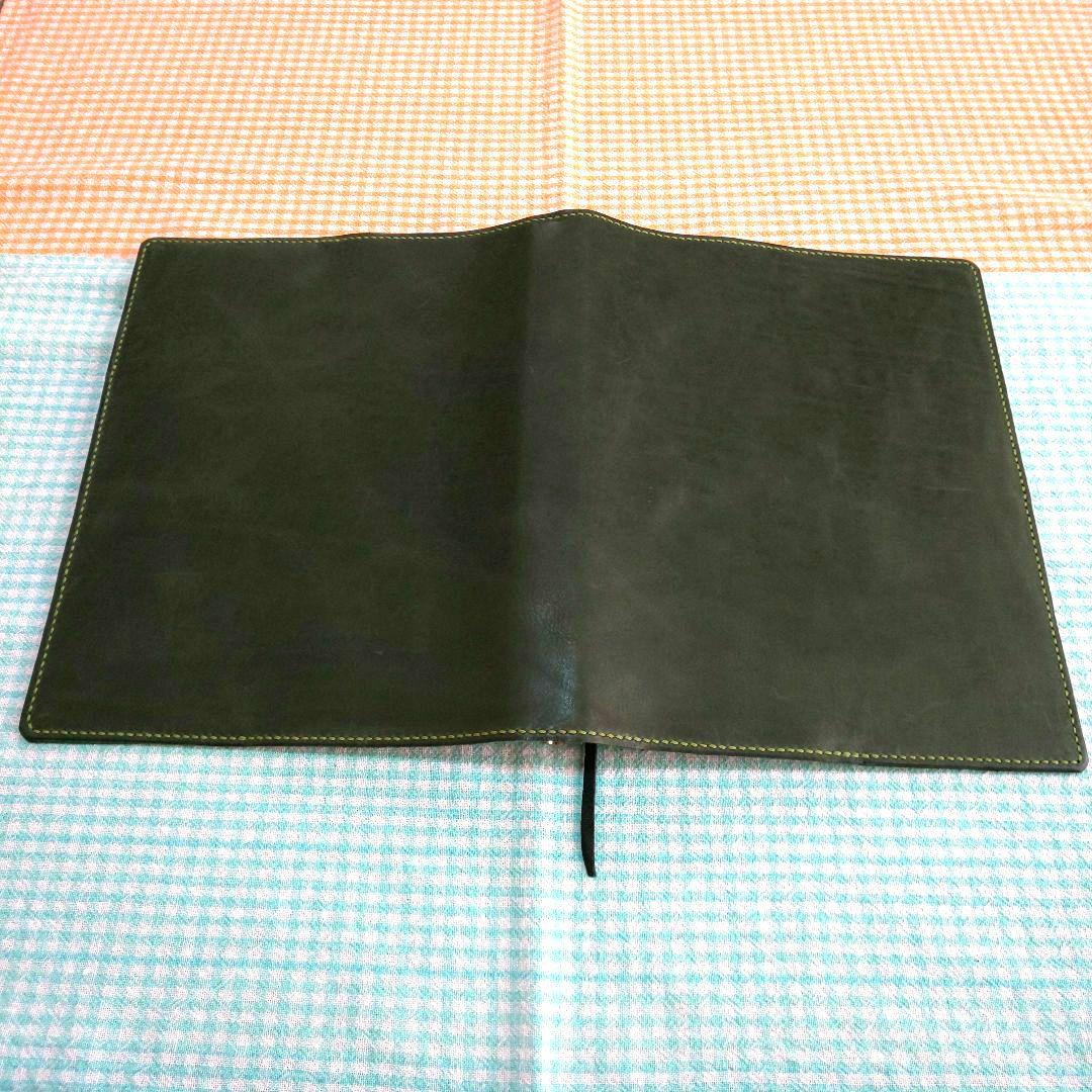 オイルワックスヌメ革 ダークグリン レザーカバー、B5 26穴バインダー付