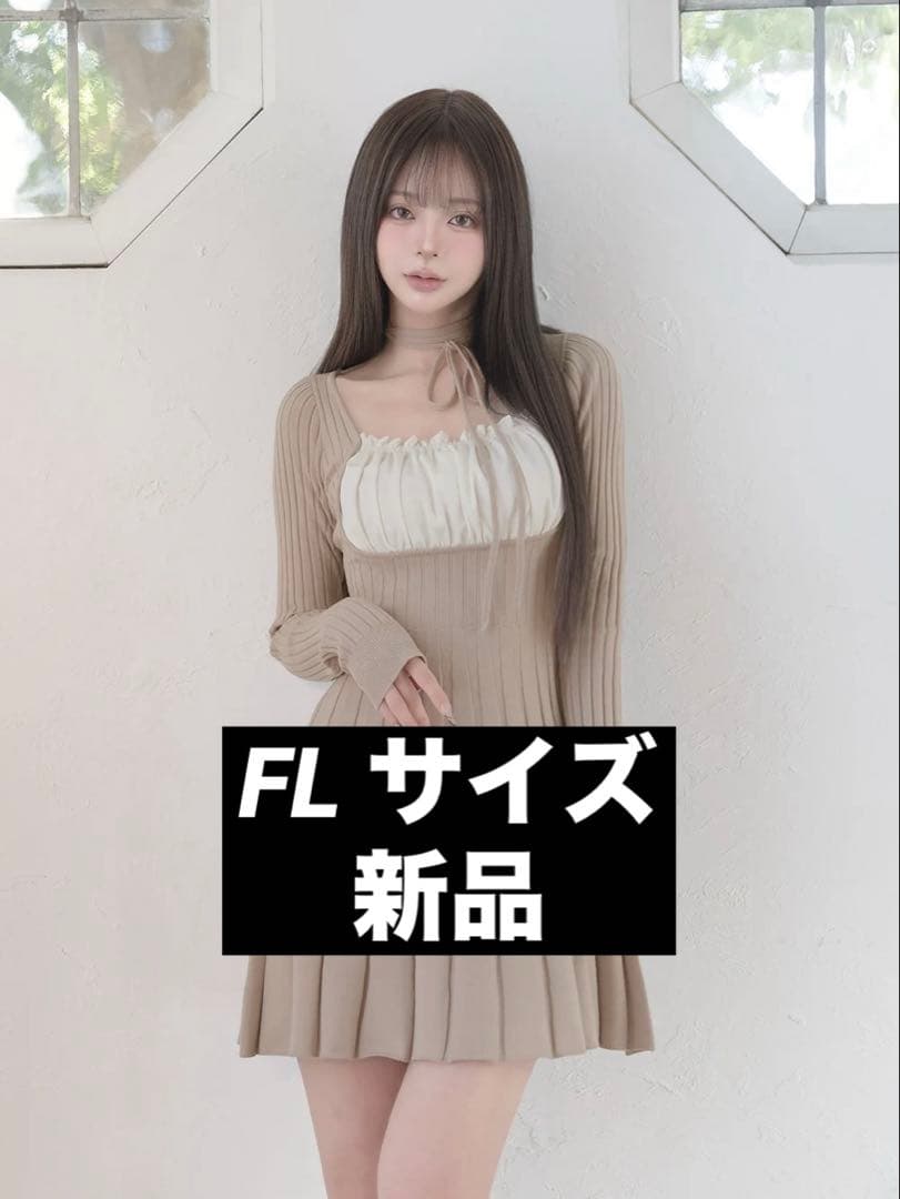 ネックリボンデザインフレアニットミニワンピース FL