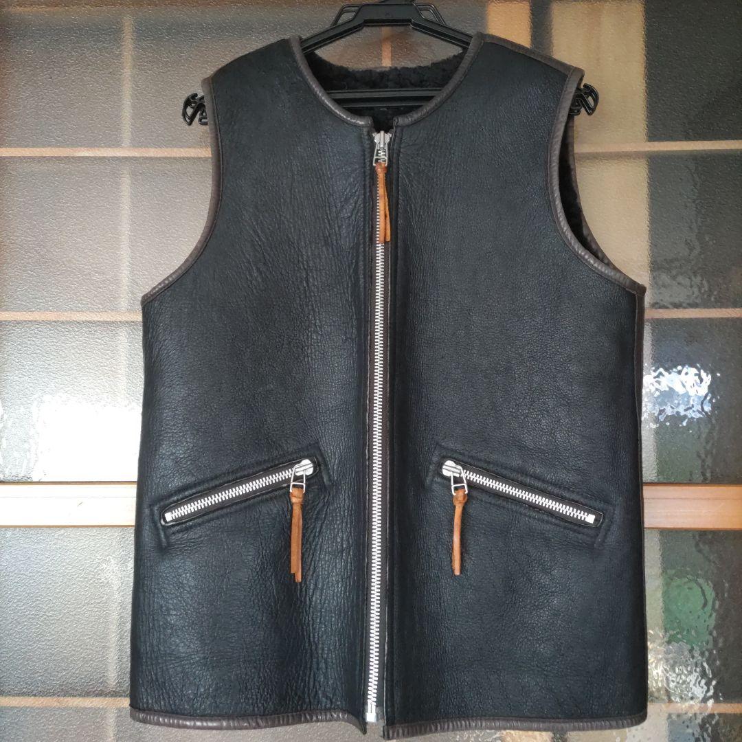 ムートンベスト レザー 羊革 日本製 B3 ブラック 黒 シープスキン 毛皮