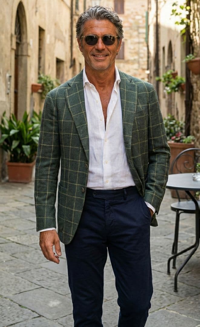 ★ルイジボレッリ メンズテーラードジャケット グリーン 46 本切羽 チェック柄