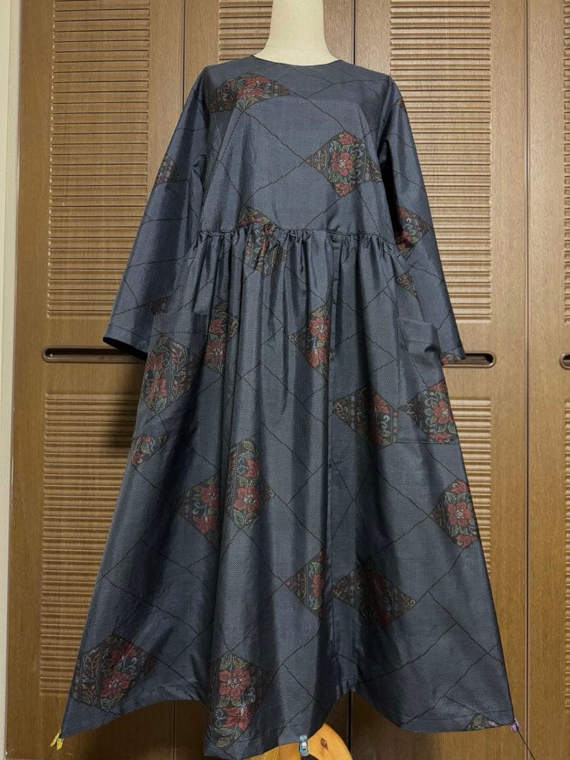 本場大島紬 ロングワンピース たっぷりギャザー 証紙