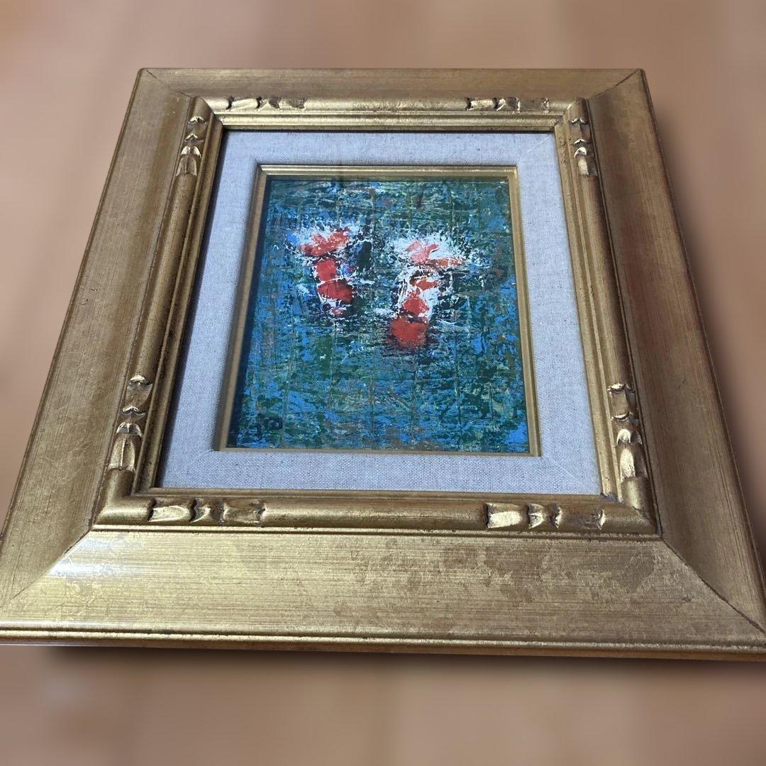金魚 油彩画 金色フレーム