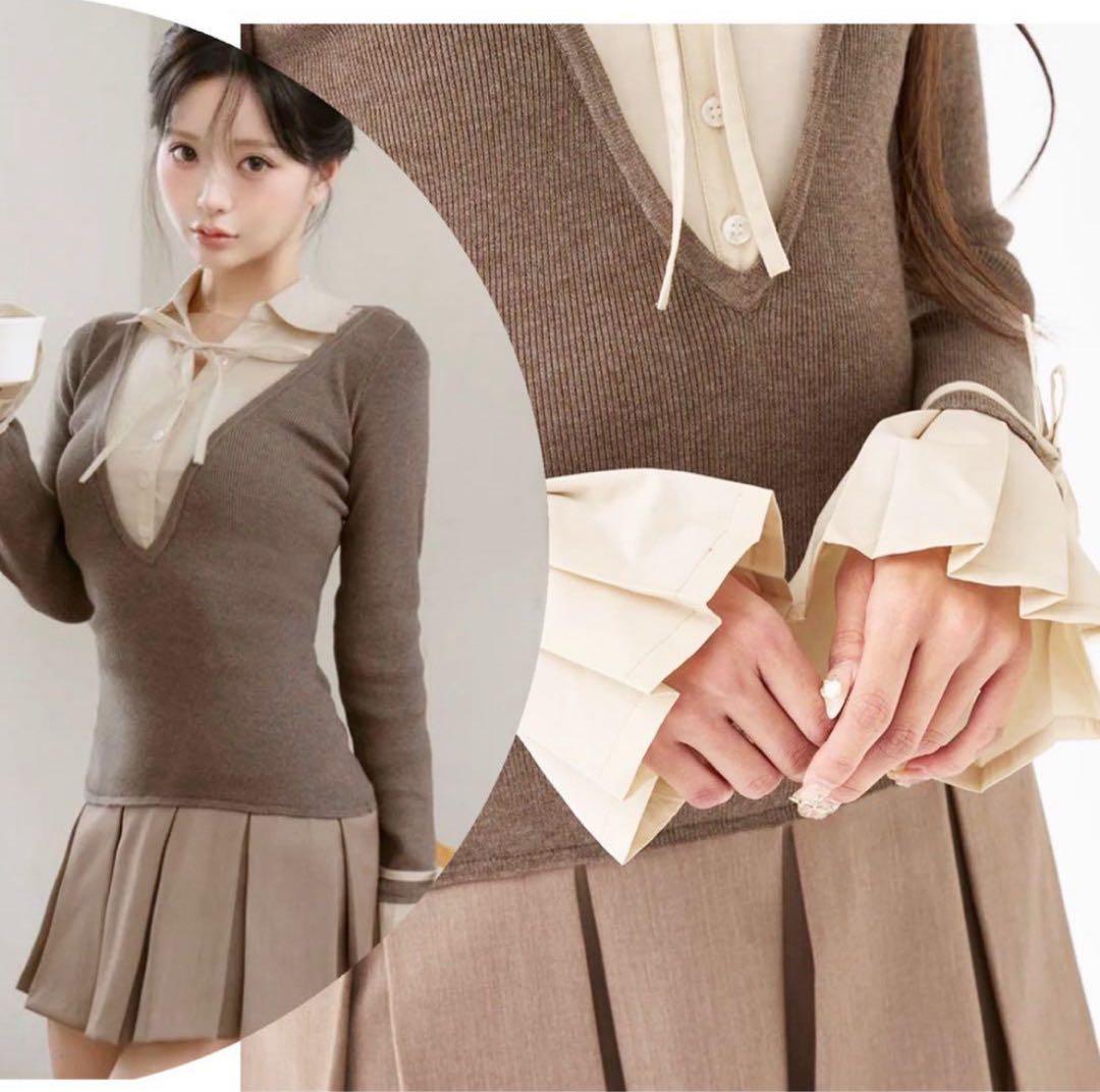 ダーリッチ シャツドッキングプリーツミニワンピース モカ