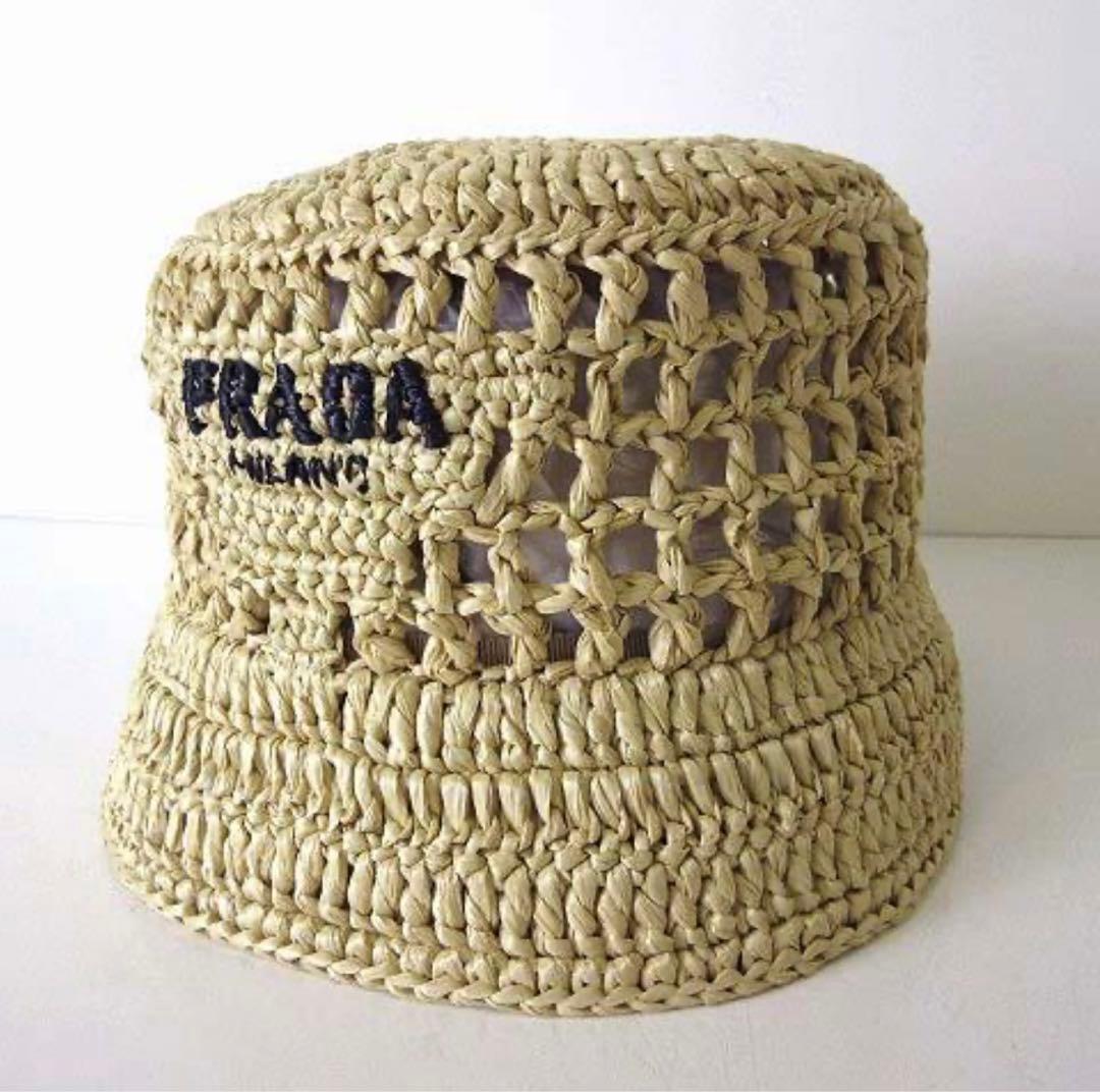 245 【美品】PRADA プラダ バケットハット 麦わら帽子 国内正規品 L