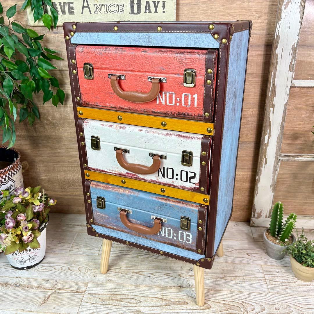 アンティーク調レザートランクチェスト三段脚付（41㎝×80㎝）洋タンス木製飾り棚