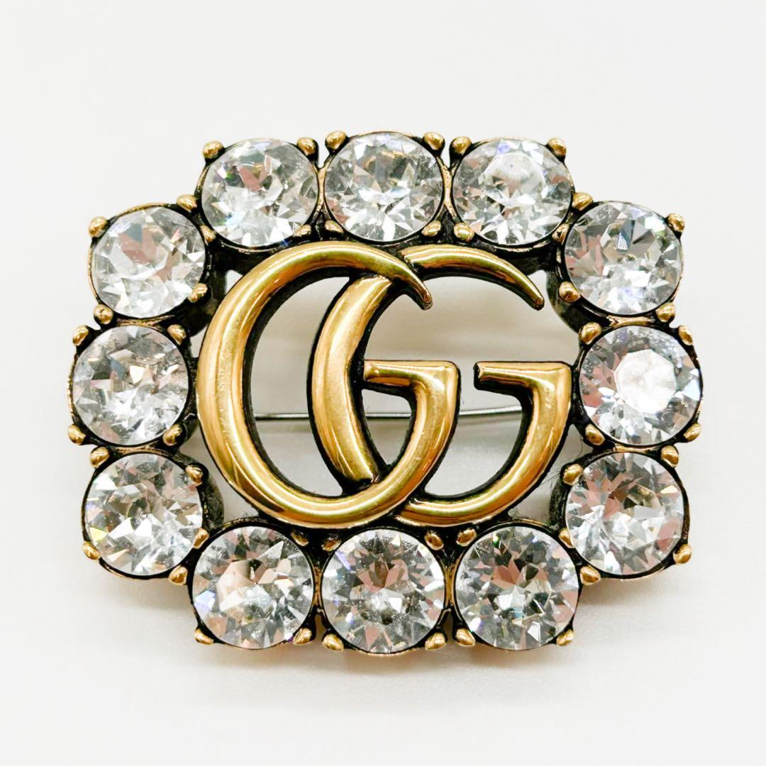 GUCCI　グッチ　ブローチ　ダブルG　クリスタル　ラインストーン　メタル　GG