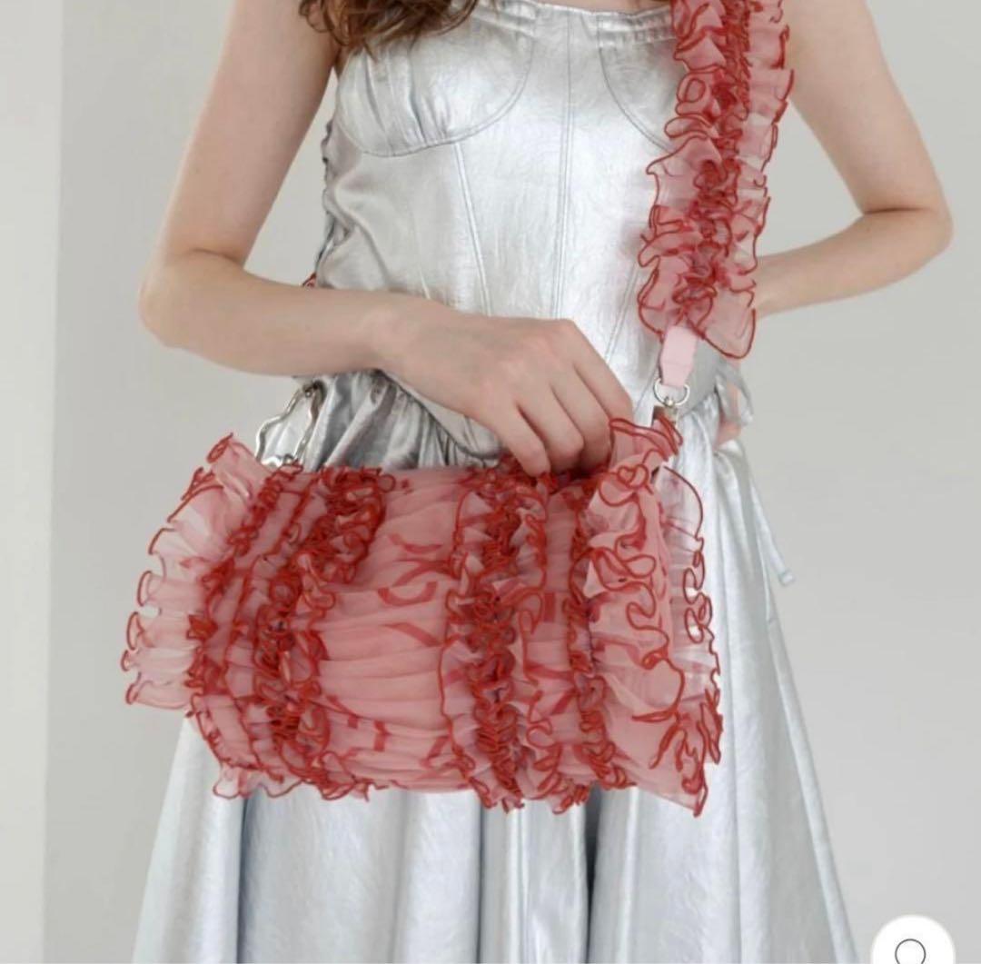 POPPY チュールフリルバッグ うねうね 赤 バッグ