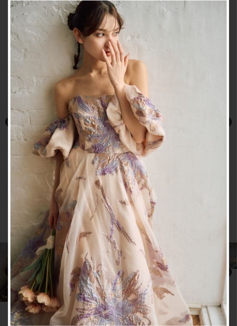 ドレスプロダクションパフスリーブジャガードフラワープリント カラードレス