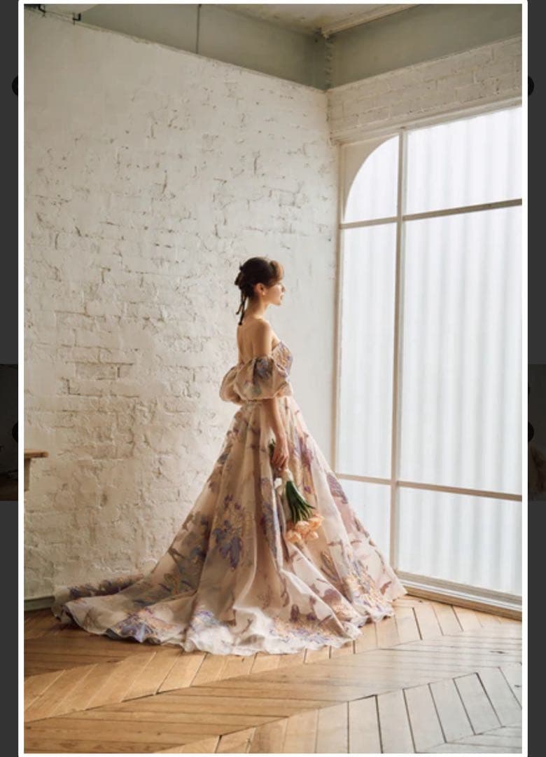 ドレスプロダクションパフスリーブジャガードフラワープリント カラードレス